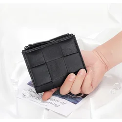 100%Genuine Leather Womens Wallets and Purses Hand Woven Fold Coin Money Bags 2022 New Fashion Card Holder Clutch Zipper Purse