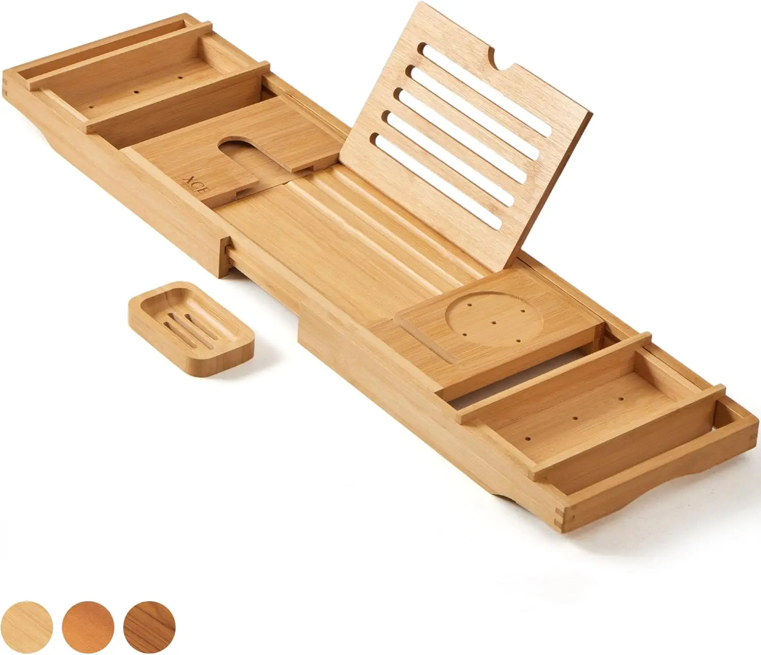 

The bathtub caddy tray can be extended up to 105 centimeters and comes with a bamboo bookshelf and soap tray, natural