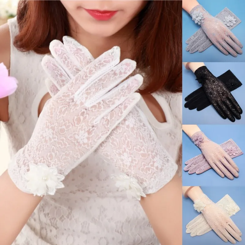 Floral Lace Full Finger Gloves For Women Sunscreen Mesh Short Gloves Summer Uv Protection Driving Cycling Touch Screen Gloves