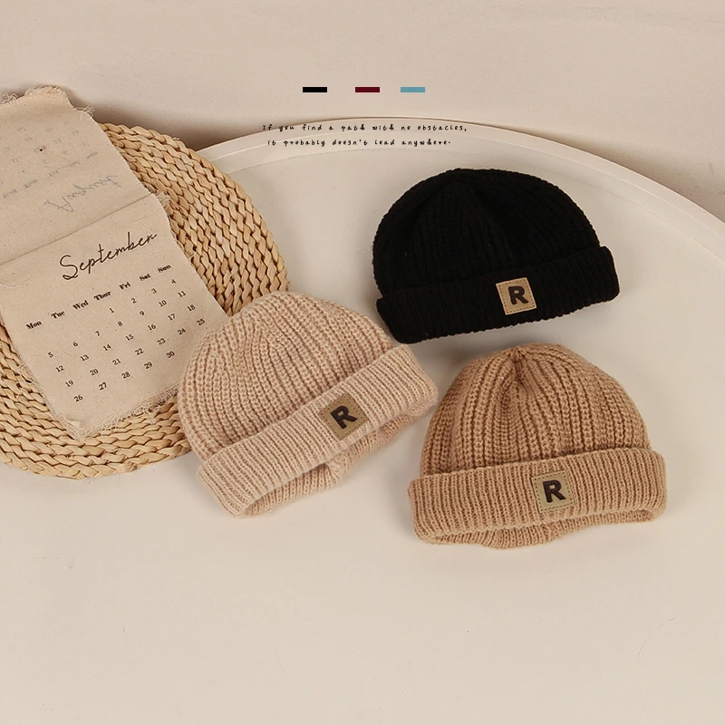 

Autumn Baby Knit Hat Winter Warm Solid Color Newborn Beanie Caps for Girls Boys Fashion Letter Kids Hats Children Accessories