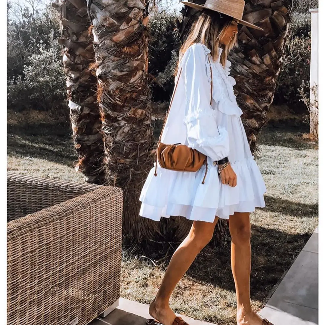 Female Fashion White Sexy Ruffle A-Line Party Dress Lantern Long Sleeve Dress Autumn Women Elegant Neck Button Loose Mini Dress