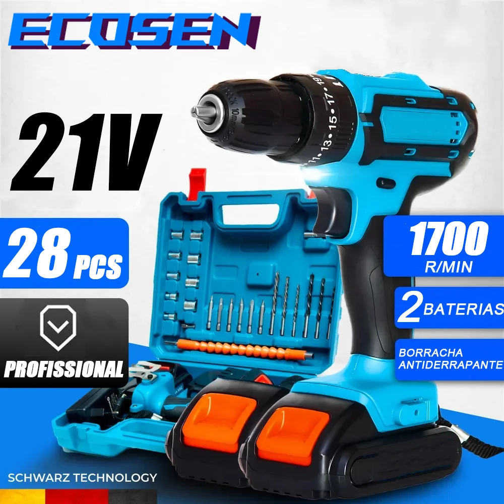 21v Impact Electric Drill with 2 Batteries, Case, and Accessories - 1700RPM