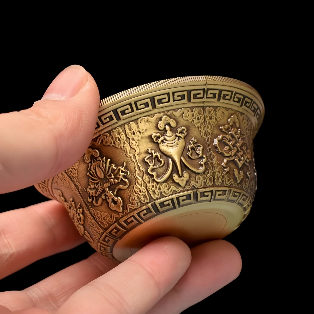 Tibetan Brass Offering Bowl With Eight Auspicious Emblems Relief Carving Home Shrine