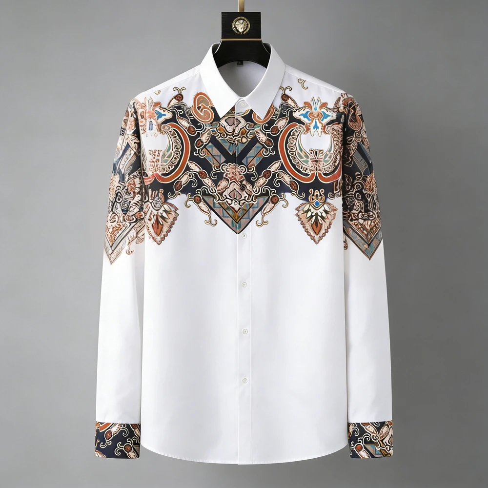 

2026 Men's New Palace Pattern HD Print Men's Long Sleeve Shirt Hawaii Vacation Social Business Men's Lightweight Fabric