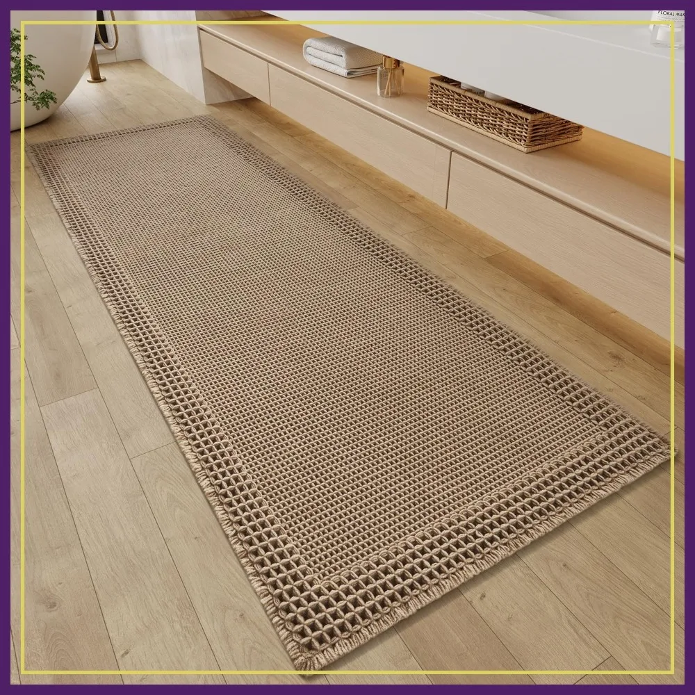 

Waffle Bathroom Runner Rugs, Super Absorbent Bath Mat Non Slip Washable Quick Dry, Ultra Soft Boho Bath Rugs with Tassels, Farmhouse Home Decor, 2'x6'