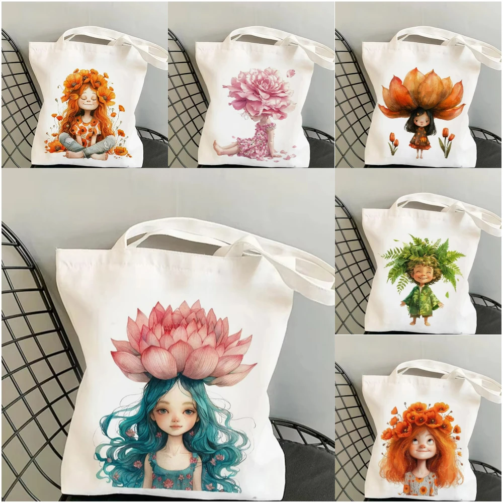 

Lively Botanical Characters Artwork Canvas Shoulder Bag Creative Personified Plants Pattern Durable Shopping Bag For Women Teens