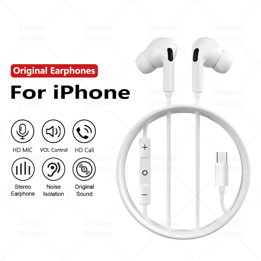 سماعات أذن سلكية أصلية لهاتف أبل آيفون 17 16 15 برو ماكس 14 13 12 11 X XS XR Type C سماعات أذن 3.5 ملم داخل الأذن