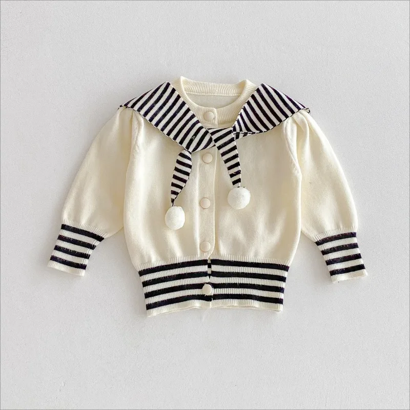 

HoneyCherry Autumn and Winter Baby Striped Navy Collar Cardigan, Knitted Top, Coat, Sweater for Baby Girls Knitted Sweater