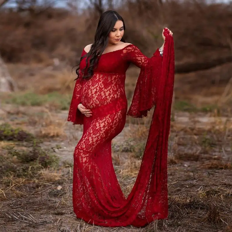 مضيئة كم ملابس للحمل لالتقاط الصور تبادل لاطلاق النار مثير الدانتيل ملابس النساء الحوامل فستان طويل الحمل ماكسي ثوب التصوير الدعائم #6