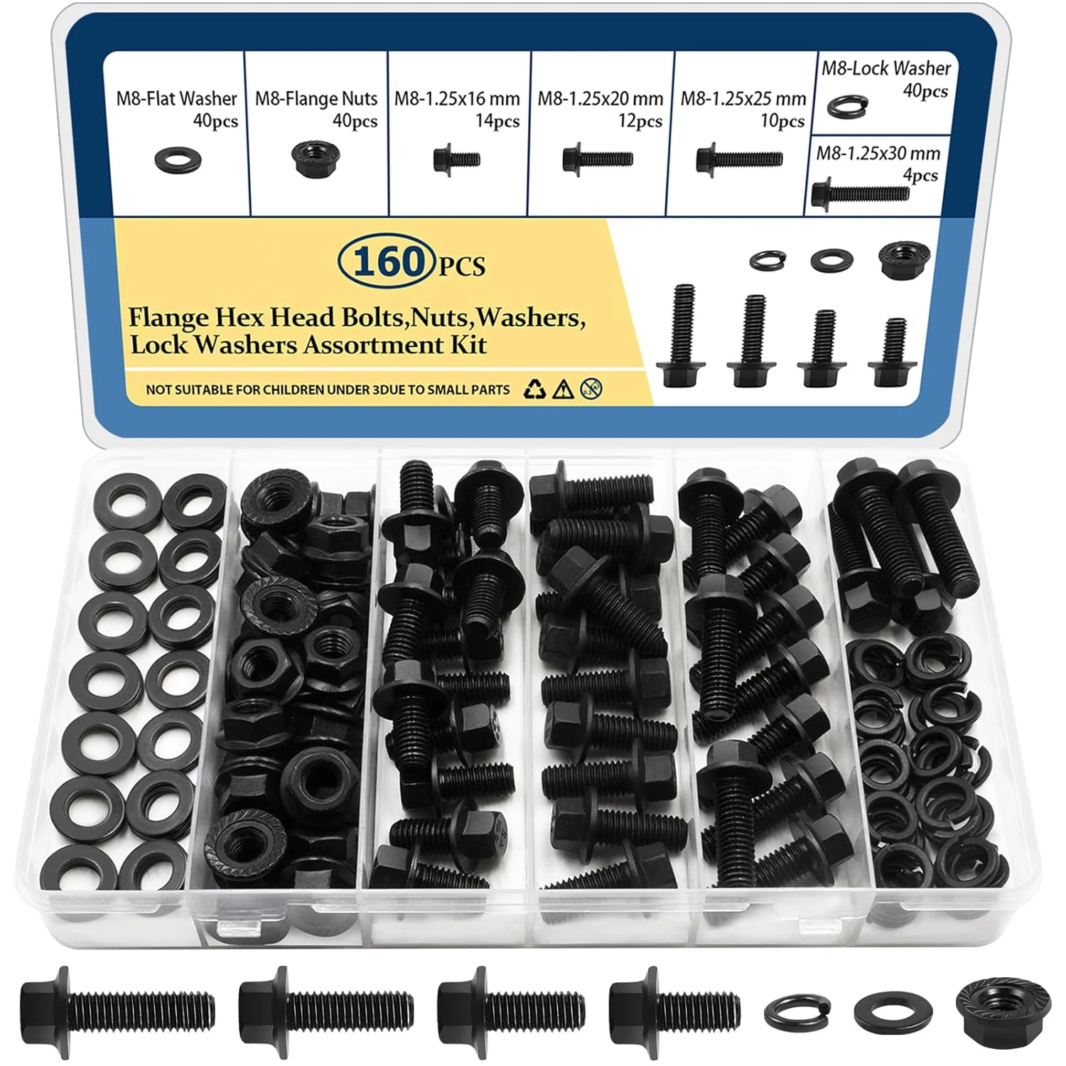 

M8-1.25 bolt x (length 16-30mm) flange head bolt combination set (160 pieces) with 8mm bolt, serrated flange nut, washer, alloy