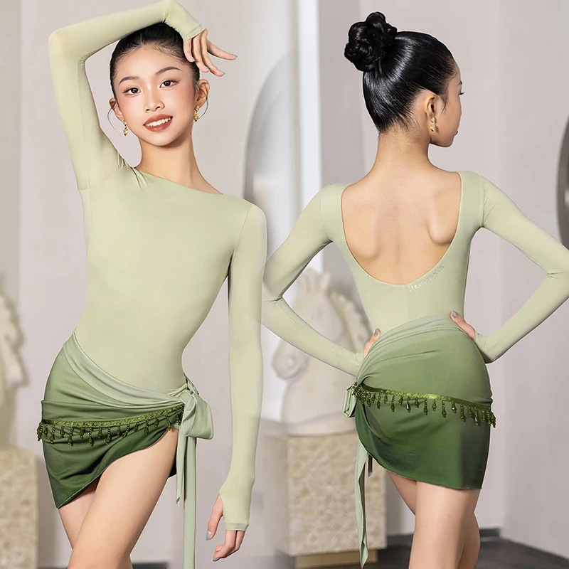 Vestido latino 2025 nueva ropa de actuación para niñas traje de baile verde de manga larga chico Rumba Tango traje de escenario ropa de práctica VBH2028