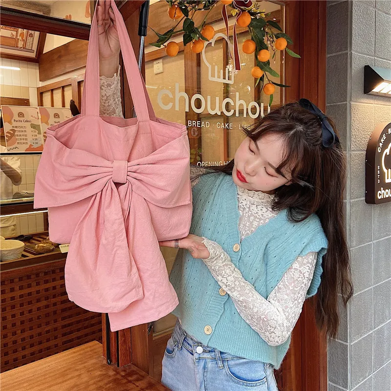 Sweet Girly Bowknot Canvas Shoulder Bag Vintage Design Ladies Casual Tote Handbags Fashion Female Daily Large Shopping Bags