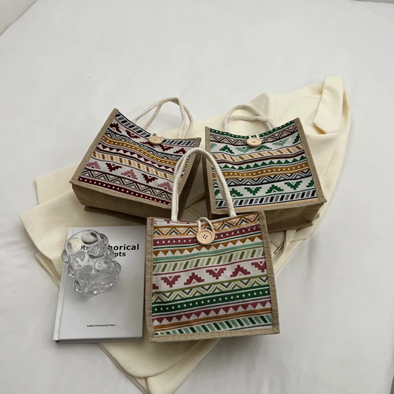 Bolso de mano de lino con patrón de flores para mujer, bolsa de diseñador de moda, bolso de compras conveniente de gran capacidad, bolsa de almacenamiento de comestibles de viaje