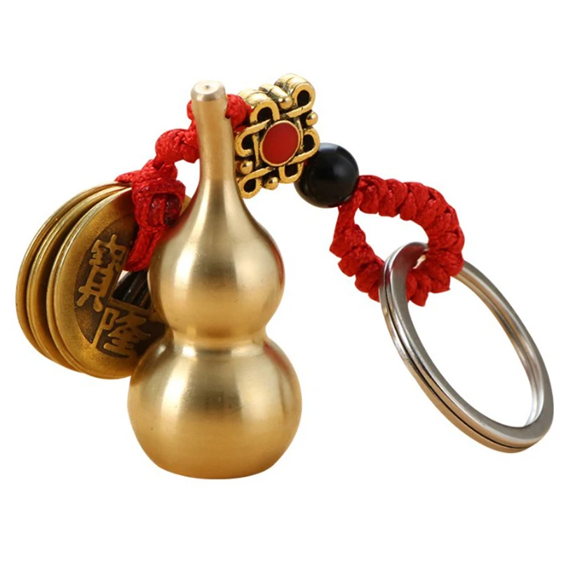 1PC Lucky Wu Lou Gourd Keyring with Feng Shui Coins Good Luck Prosperity Success Brass Calabash Pendant Keychain Wholesale