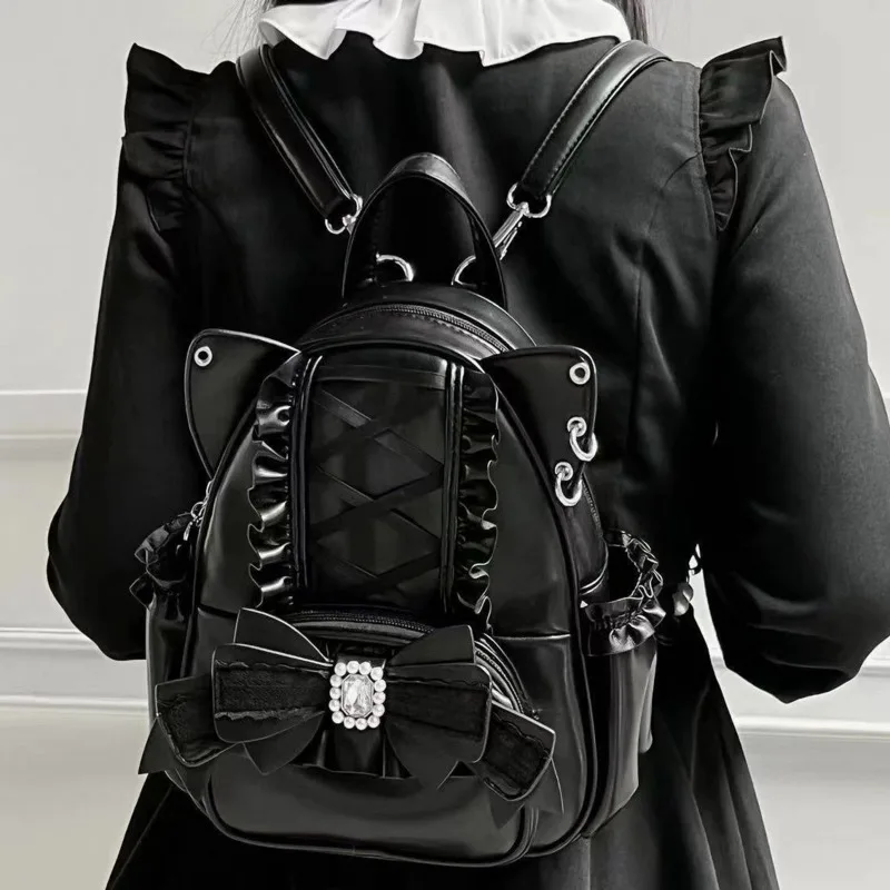 Lace Bowknots Japanese Lolita Backpacks Cute Car Ears Decor Y2k Black Bag PU Cosplay Backpack High Capacity Backpacks Girls Gift