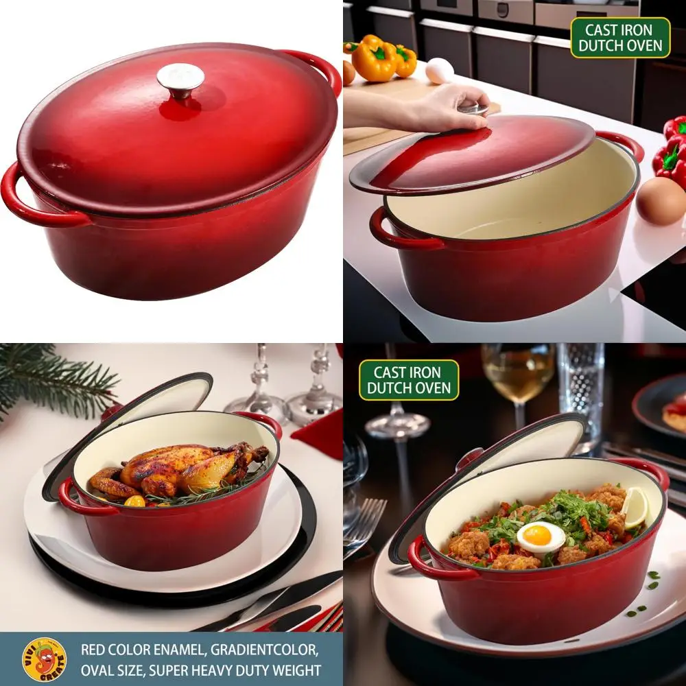 

Red Gradient 9.6 Quart Cast Iron Dutch Oven with Enamel Coating, Large Capacity Cookware for Baking and Stewing