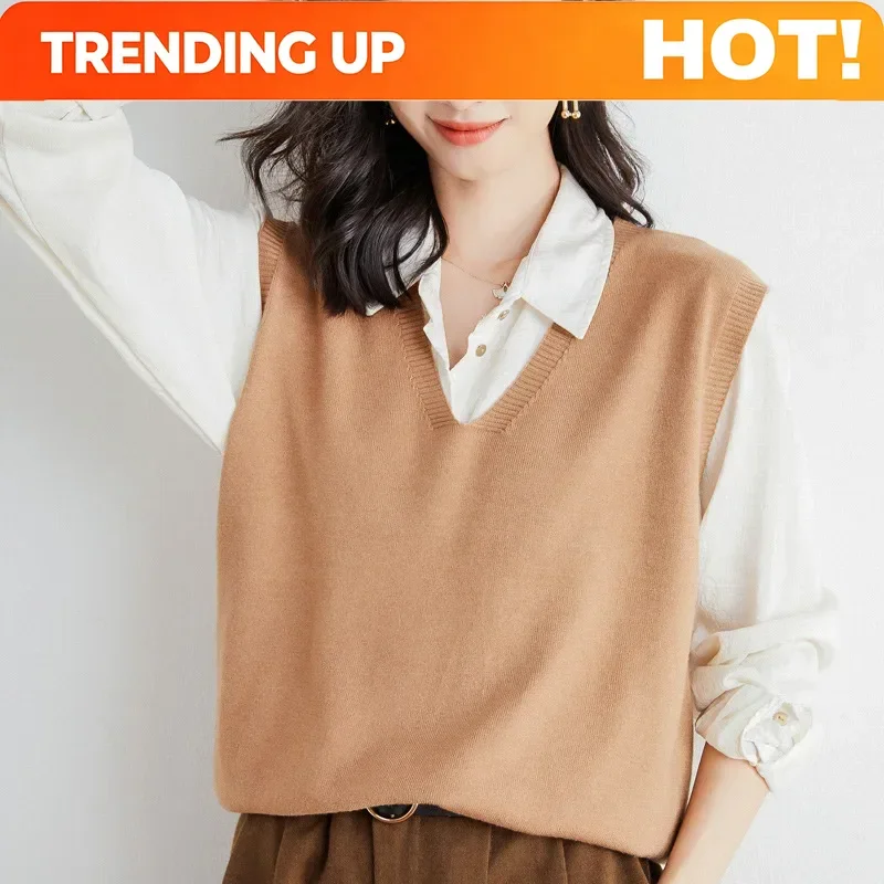 Customization 2026 Sweater Vest Spring Autumn Warm Fashin Korean Soft Loose Knit Vest V-neck Knitwear Solid Pullovers Short Styl