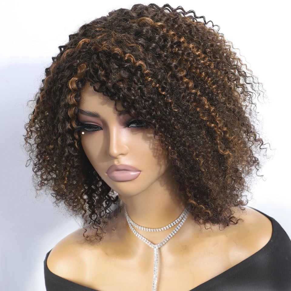 

Brazilian Curly Human Hair Wigs With Bang Short Pixie Cut Bob Wig 180% Density Full Machine Made Wigs For Women