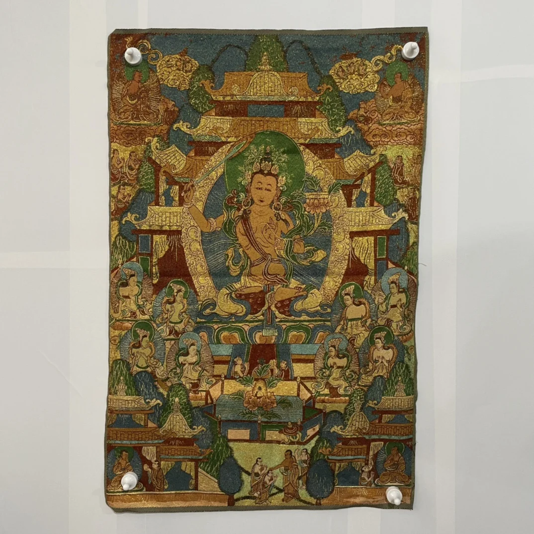 

35"Thangka Embroidery Tibetan Buddhism silk Embroidery Manjushri Bodhisattva Buddha Thangka hanging screen Worship Hall