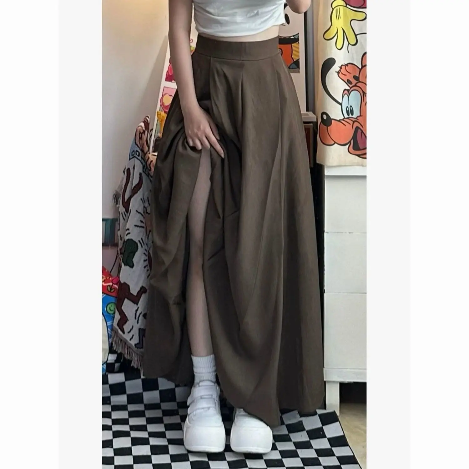 

Skirts Womens Velour Version Unique Elasticated Literary Artistic Forest Khaki Academia Minimalist Exquisite Elegant Textured