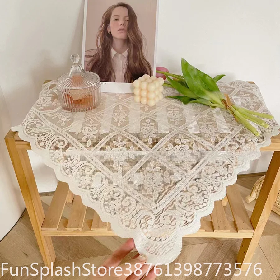Antique Embroidered Lace Square Tablecloth Solid Color Elegant Flower Cut Polyester Table Cover For Dining Party Home Decor