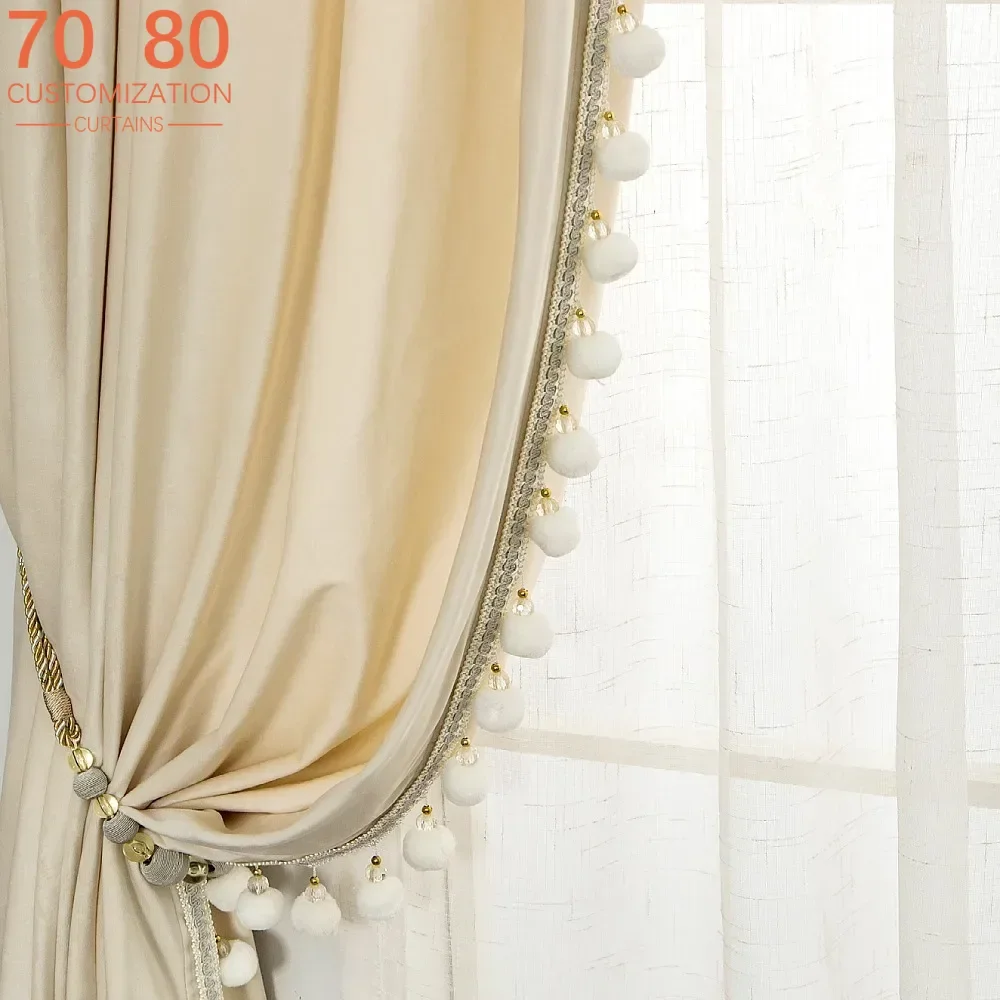 

American Velvet Curtains Thick Solid Color Blackout Curtains for Living Room Bedroom Stitching Lace Curtains Finished Product