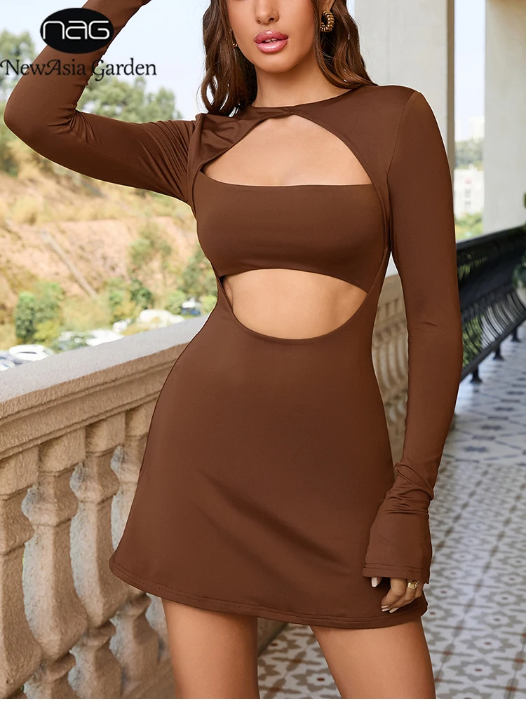 NewAsia-minivestido Sexy marrón para Mujer, Vestidos de primavera recortados de manga larga, bata Retro de alta elasticidad, trajes de fiesta y Club a la moda