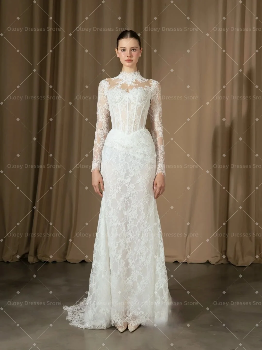 OLOEY Lace Appliques Wedding Dresses High Collar Flower Decal Long Sleeves Mermaid Bridal Gown Bohemian wind Saudi Dress Dubai