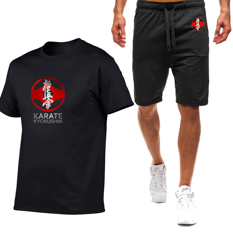 2025 Summer Men's Kyokushin Karate Logo Print Fashion Round Neck Breathable T-Shirt+Elastic Waist Sports Shorts Solid Color Sets