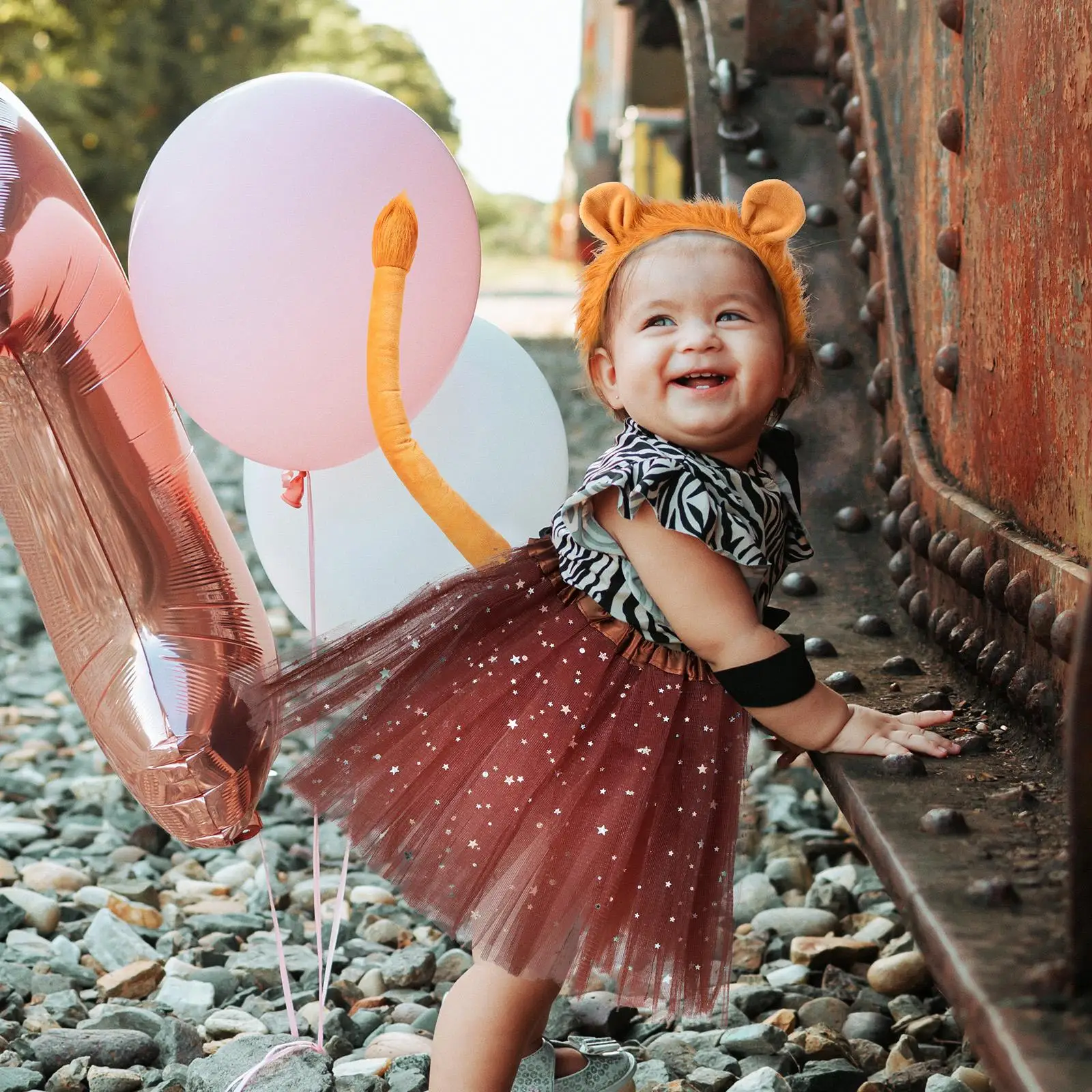 Set Kostum Kepala Singa 3 Buah Karakter Rok Ekor Kepala Singa Poliester Pesta Hewan Halloween Anak Perempuan