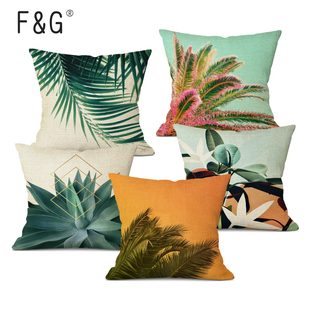 

Plant Cushion Cover Tropical Jungle Green Leaves Home Sofa Decorative Pillows Square Linen Print Custom Throw Pillows 45Cmx45Cm