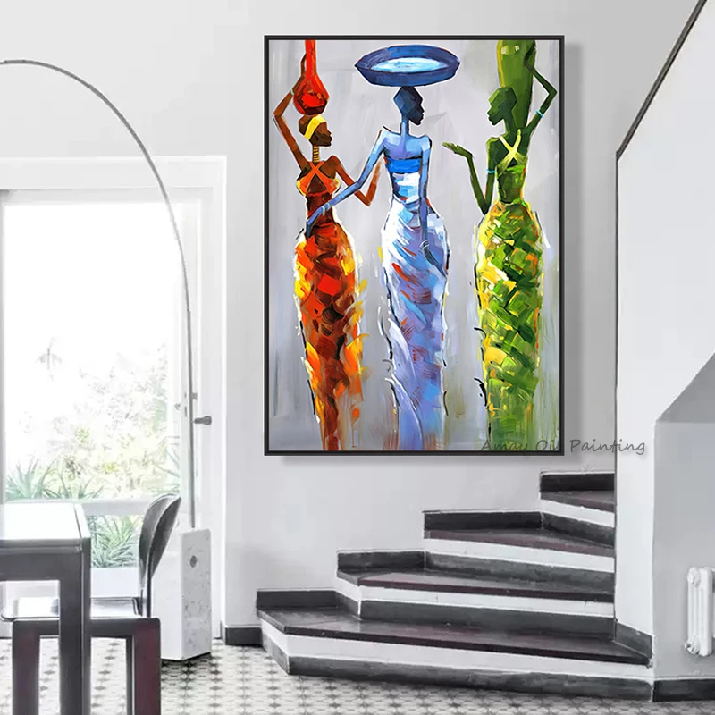 Handpainted Vertical Textured African Lady Art Painting Bold Multicolor Ethnic Art For Modern Living Room Decor