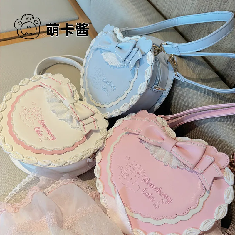 Kawaii Heart Cake Lolita Crossbody Bag Lace Ruffle Bow Embroidery Large Capacity Women Harajuku Shoulder Handbag