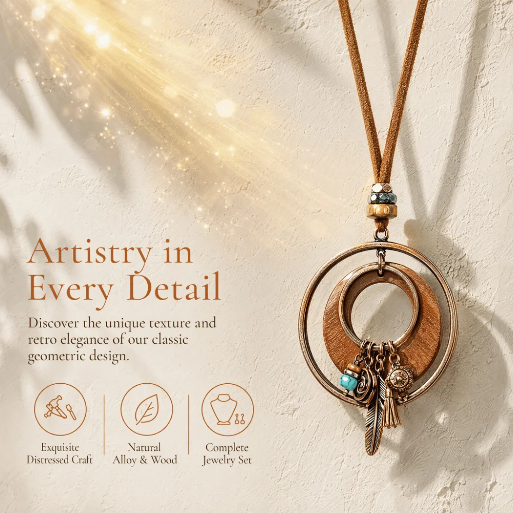 Alloy Geometric Jewelry Set Vintage Distressed Finish Geometric Shape Necklace Earrings Set Retro Style Wood Sweater Chain