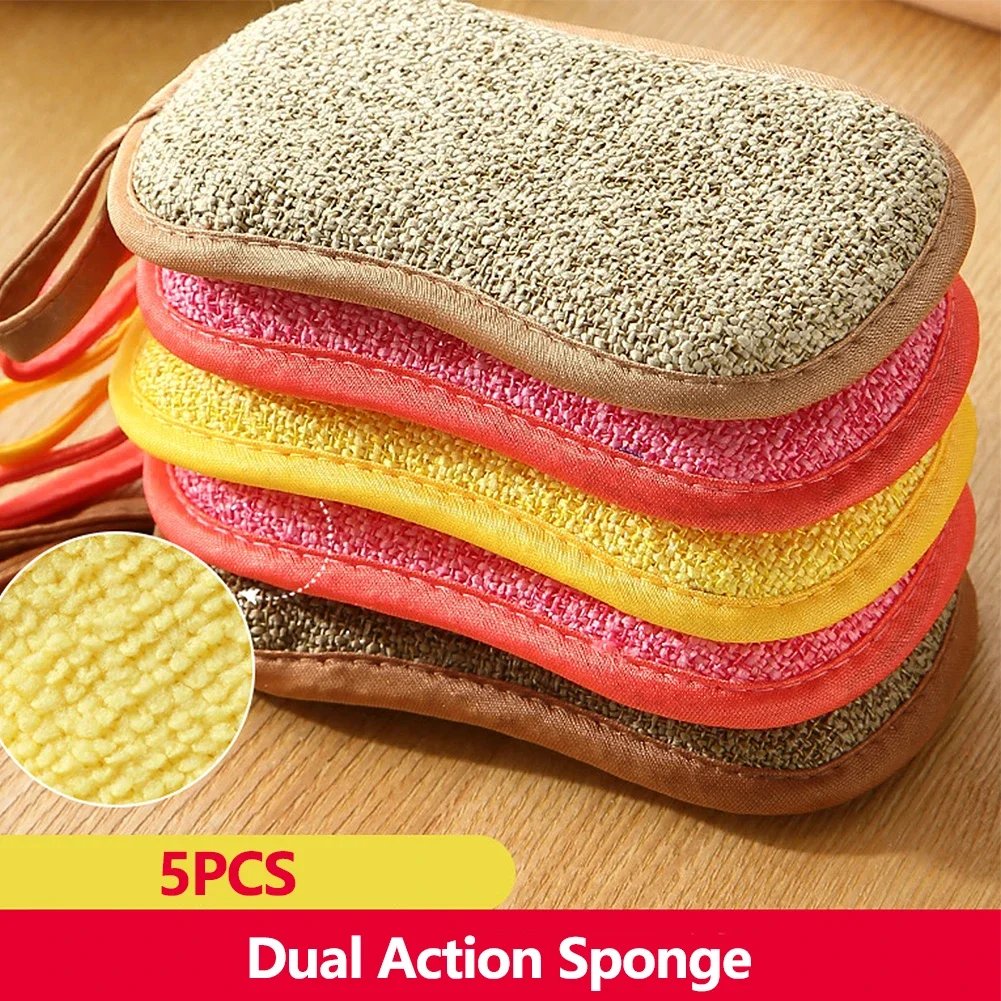 Sponge With Washable Handle Dish Reusable Household Cleaning Machine 5pcs Sided Double Anti Scratch Kitchen Multicolored