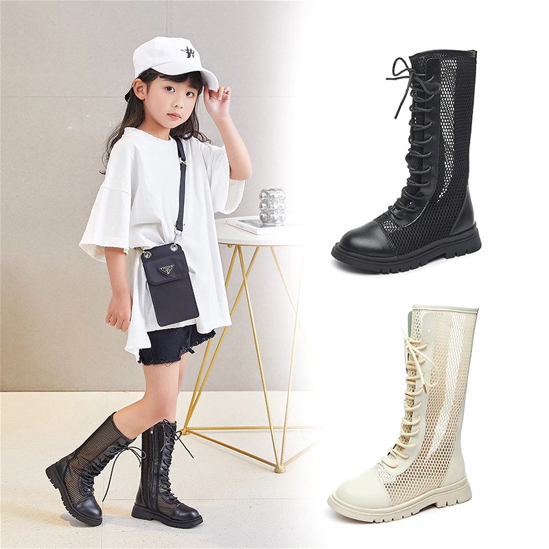 

2025 Высокие сапоги с дышащей сеткой для девочек, новый модный дизайн, мягкие детские длинные сапоги на плоской подошве, размер 27-37, модные римские сандалии для девочек