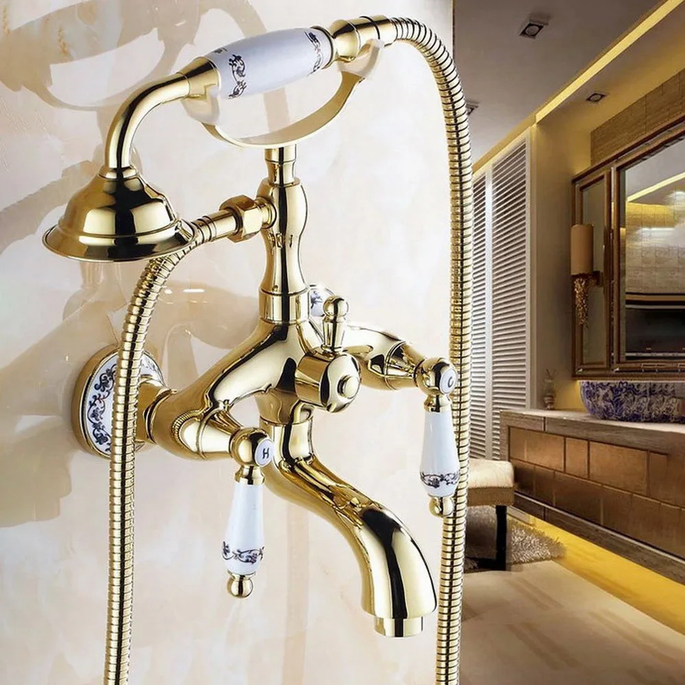 Bathtub Faucets Brass Golden Shower Faucet Set Ceramic Handle Handheld Rain Shower Head Faucet Mixer Tap Ntf410