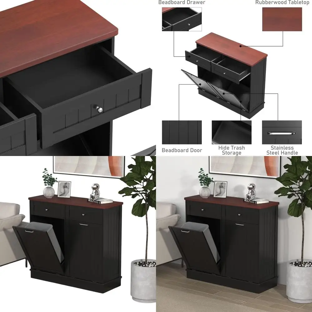 

10 Gallon Wooden Standing Laundry Sorter with Recycled Bin and Hidden Trash Cabinet