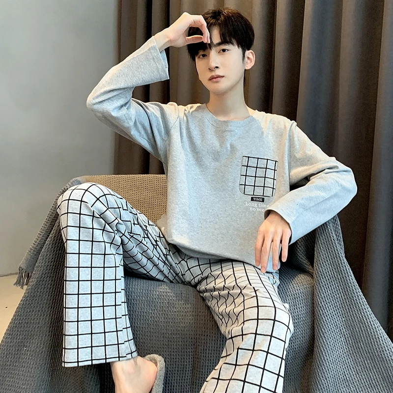 New Men's Pajamas Cotton Long Sleeved Pants Set Simple and Loose Fitting Casual Youth Home Wear in Spring and Autumn and Winter