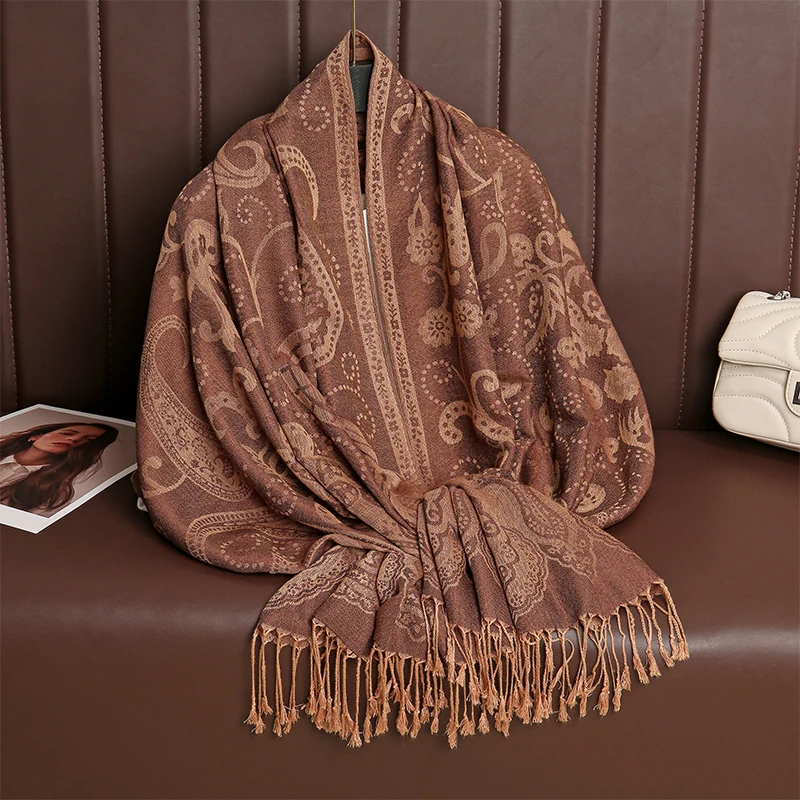 Ethnic Style Tassel Blanket Thick Pashmina New Winter Warm Shawl Wrap Cashmere Jacquard Scarf Women Neckerchief Poncho Stoles