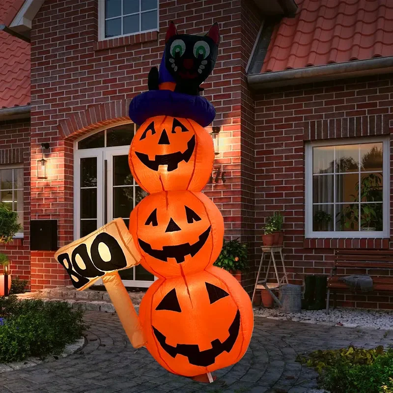

1.6M Halloween Inflatable Smiley Face Pumpkin LED Black Cat with 3 Connected Pumpkin Lights, Simulating The Pumpkin Family