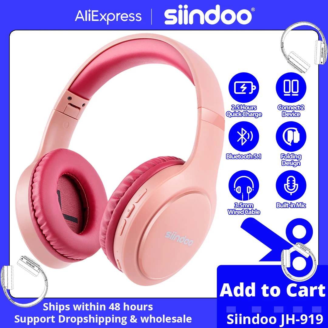 Siindoo JH-919 Wireless Bluetooth Headphones Pink Foldable Stereo Earphones Super Bass Noise Reduction Mic For Laptop PC TV