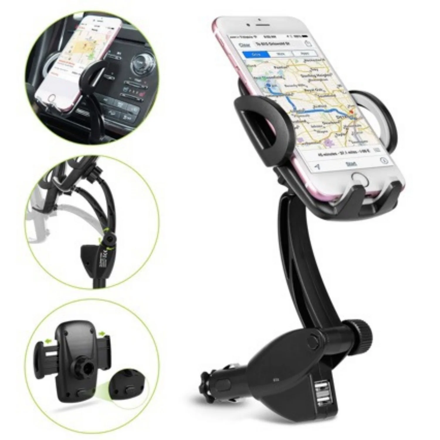 Car Phone Mount for 3.5 to 6 Inch Screens Dual USB Charger 360 Rotation Silicone Grip Cigarette Lighter Mount for Navigation
