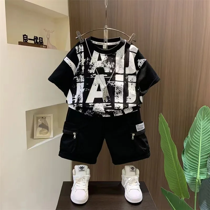 Boys Summer Clothing Set With Handsome Letters for Big Boys 2-piece 2024 New Children\'s Thin Two-piece Set