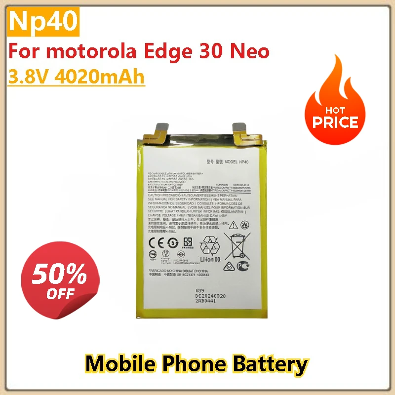 100% New High Quality 3.8V 4020mAh Mobile Phone Battery Np40 For motorola Edge 30 Neo