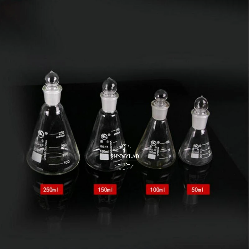 Imagem -05 - para 1000ml Laboratório de Vidro de Borosilicato Erlenmeyer Frasco Cónico com 19 24 29 34 Rolha Moída Peças Lote 50ml