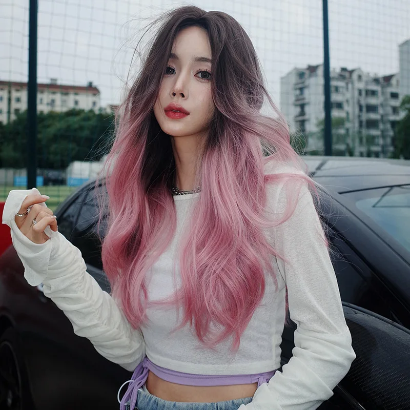 

Long Wavy Synthetic Wig Ombre Purple Pink Center Parting Natural Look Fashion Party Daily Use Stylish Hair