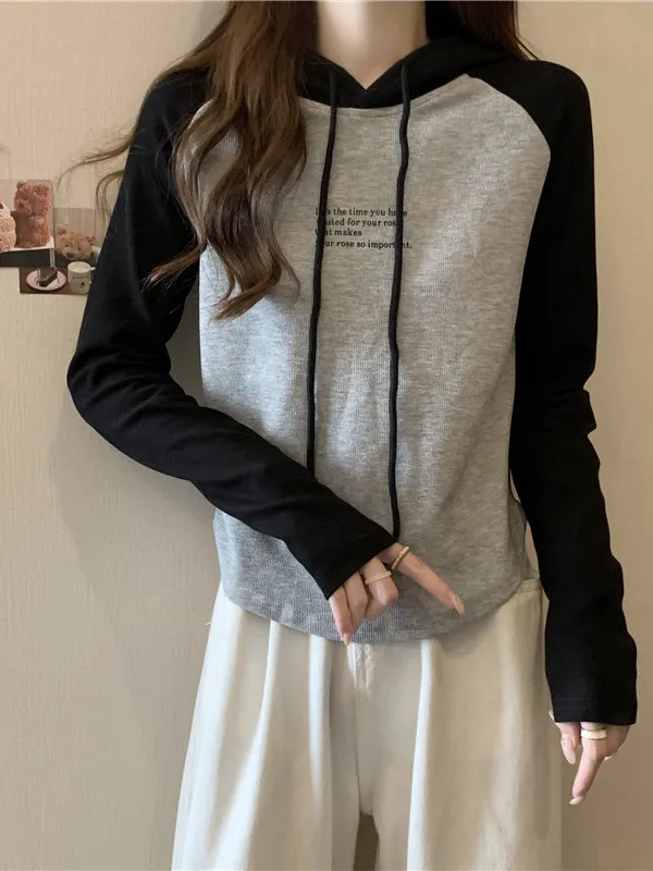 Modal Long Sleeve T-Shirt Women's Simple Autumn Fashion New Color Block Drawstring Hooded Back Covering Collar Top