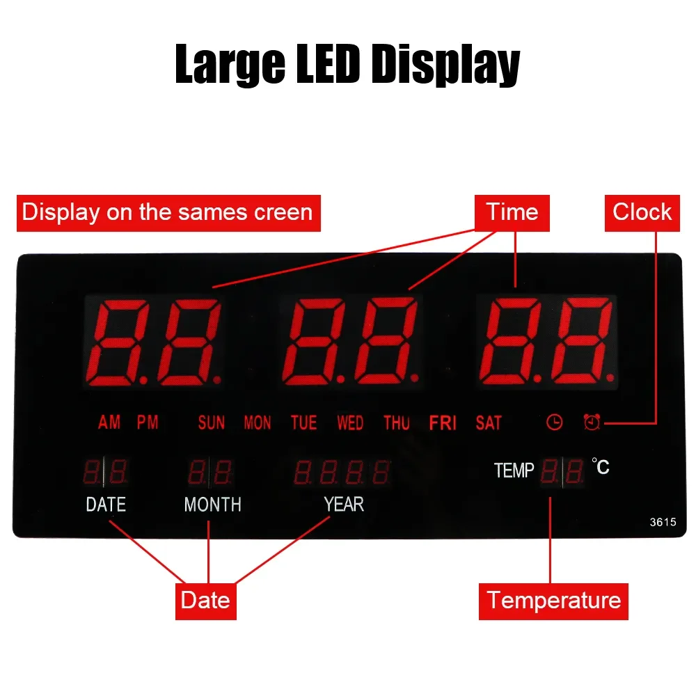 Clock. Elegant LED Digital Electronic Wall Clock with Temperature, Date, Calendar, Hourly Chiming, Alarm and USB Charging Functi