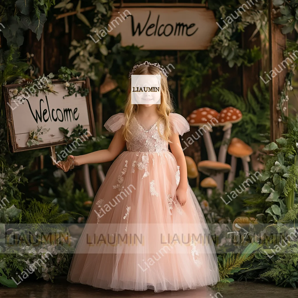 결혼식을위한 핑크 꽃의 소녀 드레스 Tulle 공주 레이스 짧은 소매 거룩한 첫 성찬식 가운 미인 대회 의류 맞춤형 G3